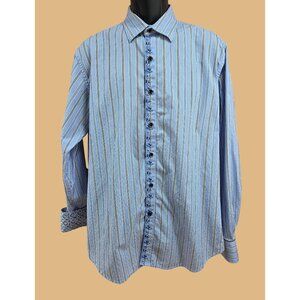 Robert Graham Mens Classic Fit Blue Striped Floral Shirt Large